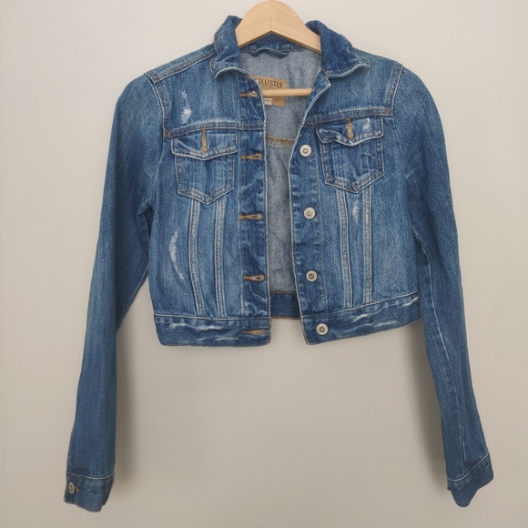 Hollister Distressed Cropped Denim Jean Jacket Button-up Cotton Small - Picture 2 of 13